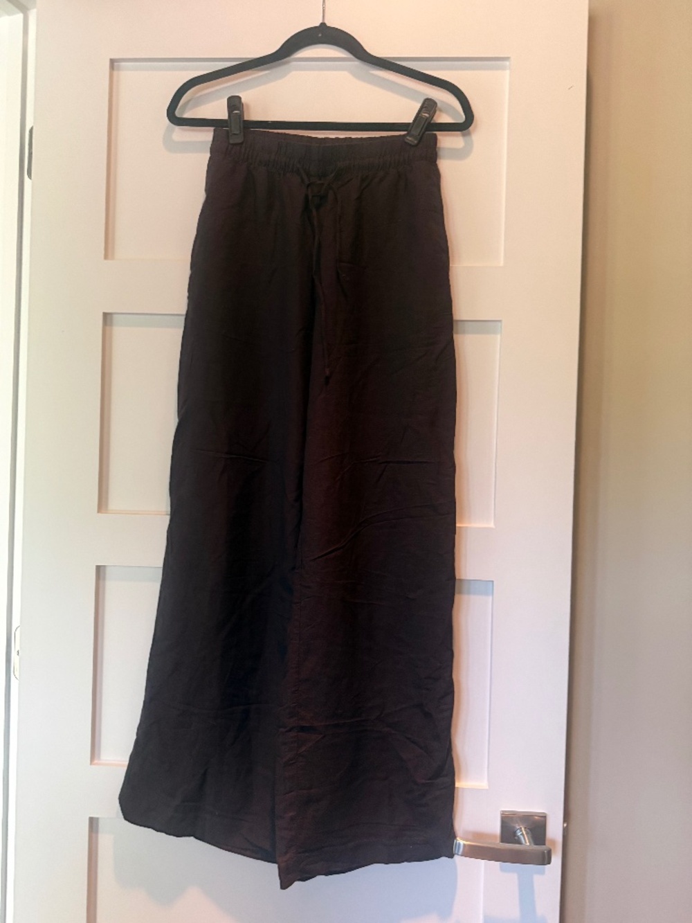 H&M Wide Leg Linen Blend Trousers in Dark Brown